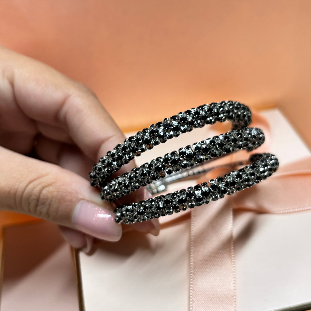 3 rows black rhinestone silver bangle