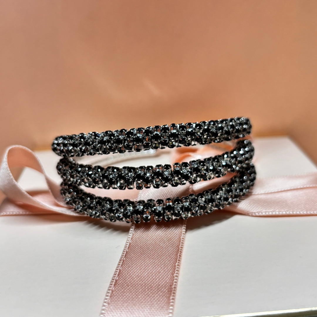 3 rows black rhinestone silver bangle