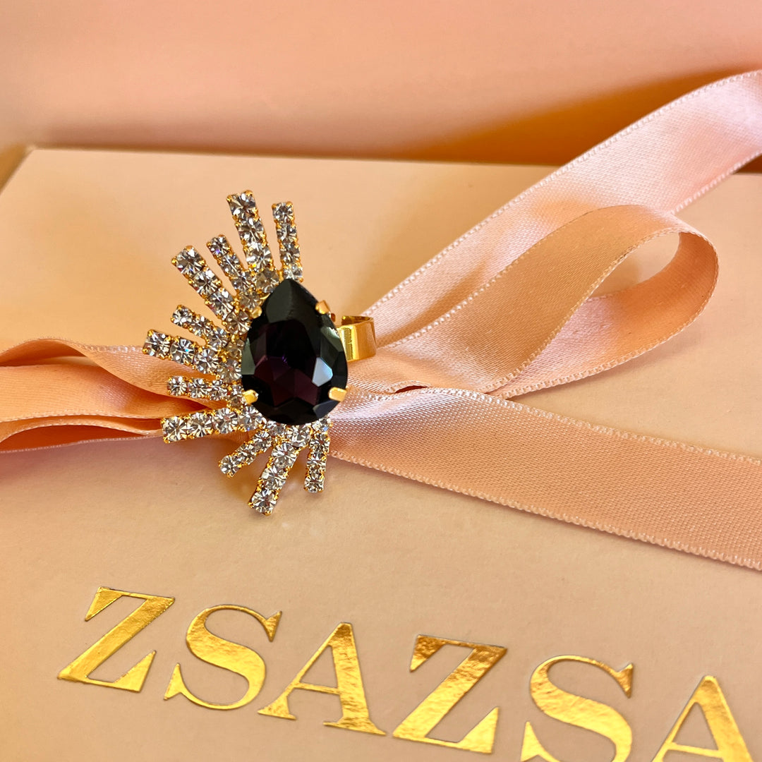 Purple rectangular preciosa crystals studs and ring