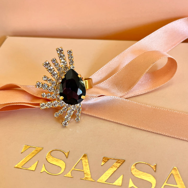 Purple rectangular preciosa crystals studs and ring