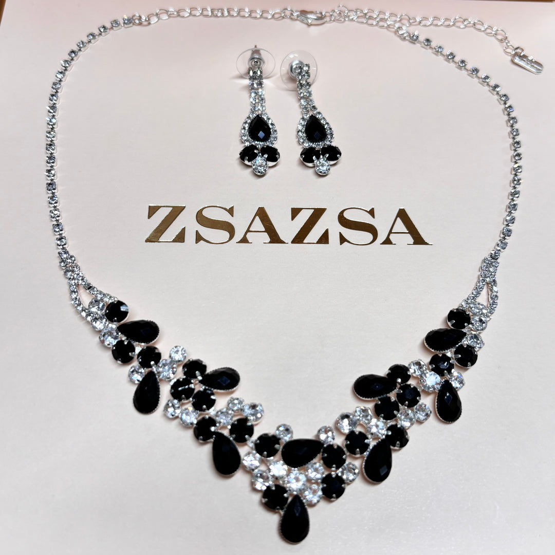 Teardrop black rhinestone silver set