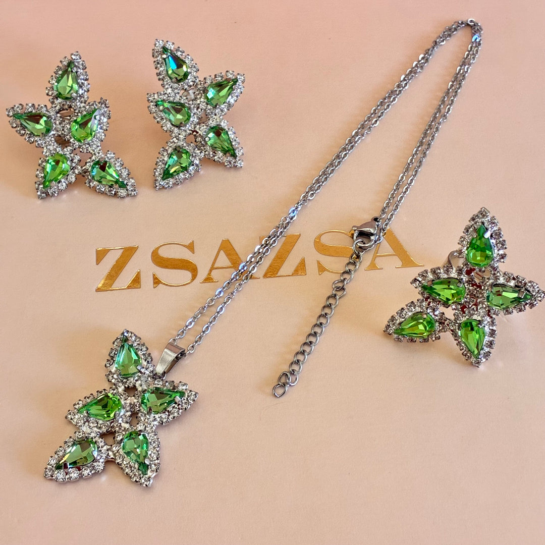 Green teardrops Preciosa crystals silver set