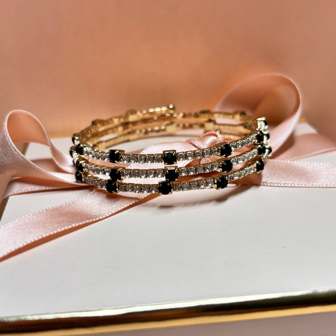 3 rows black rhinestone gold bangle
