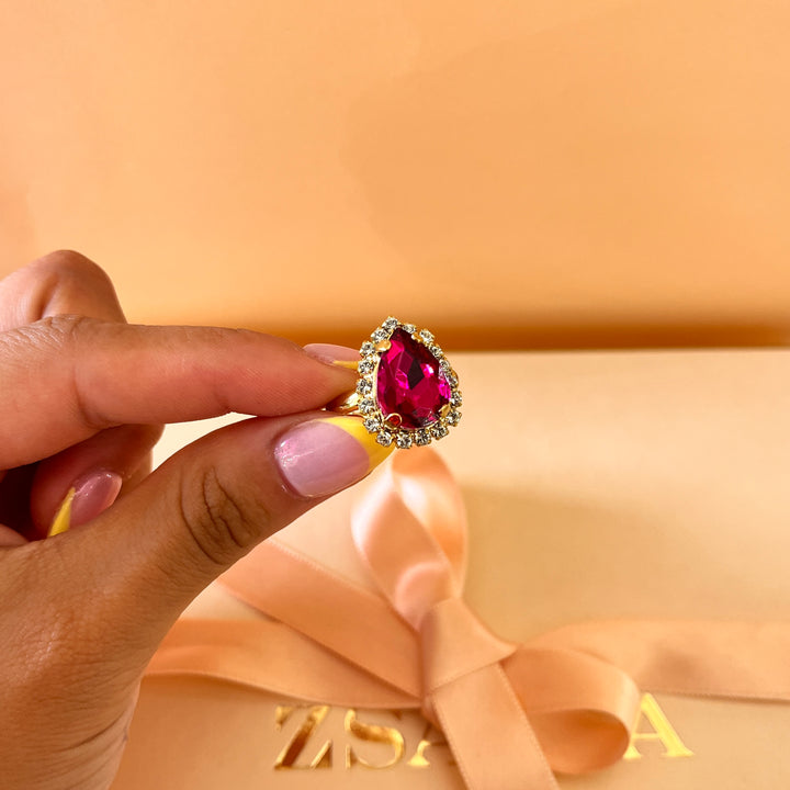 Fuchsia teardrop preciosa crystals ring
