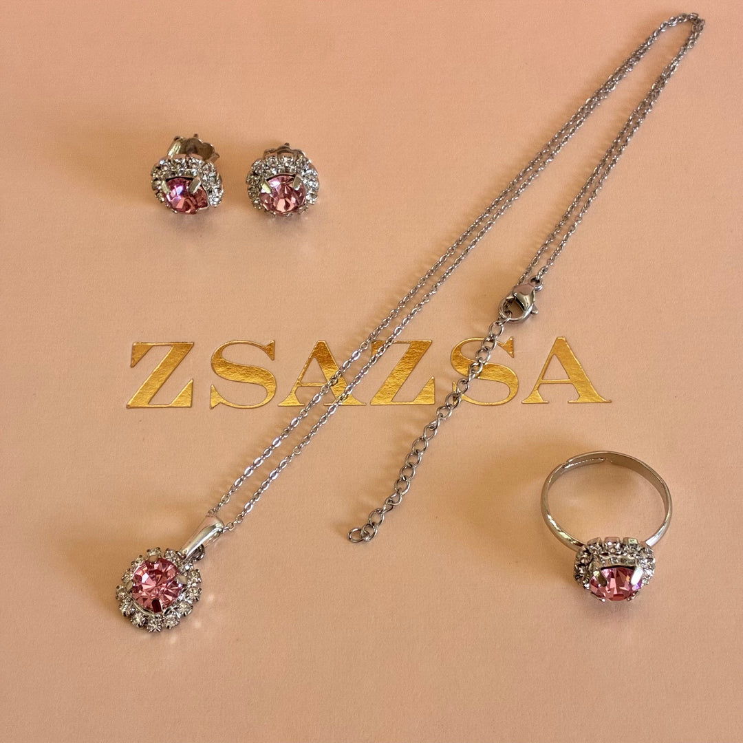 Light pink crystals silver pendant set