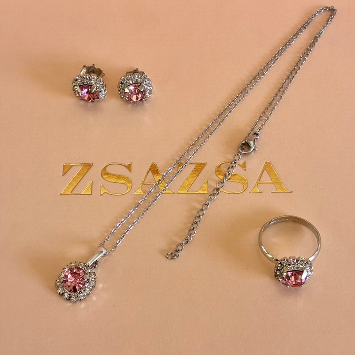 Light pink crystals silver pendant set