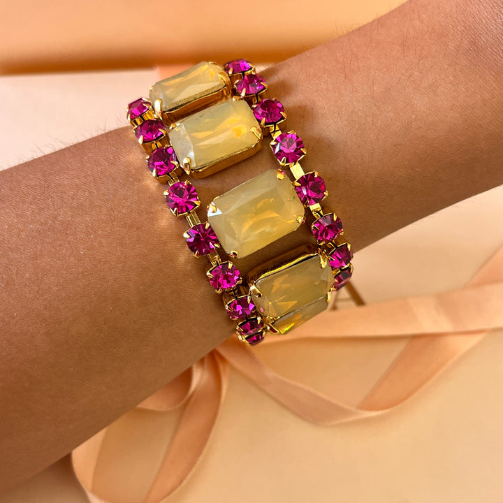 Fuchsia and yellow Swarovski crystals earrings and bracelet