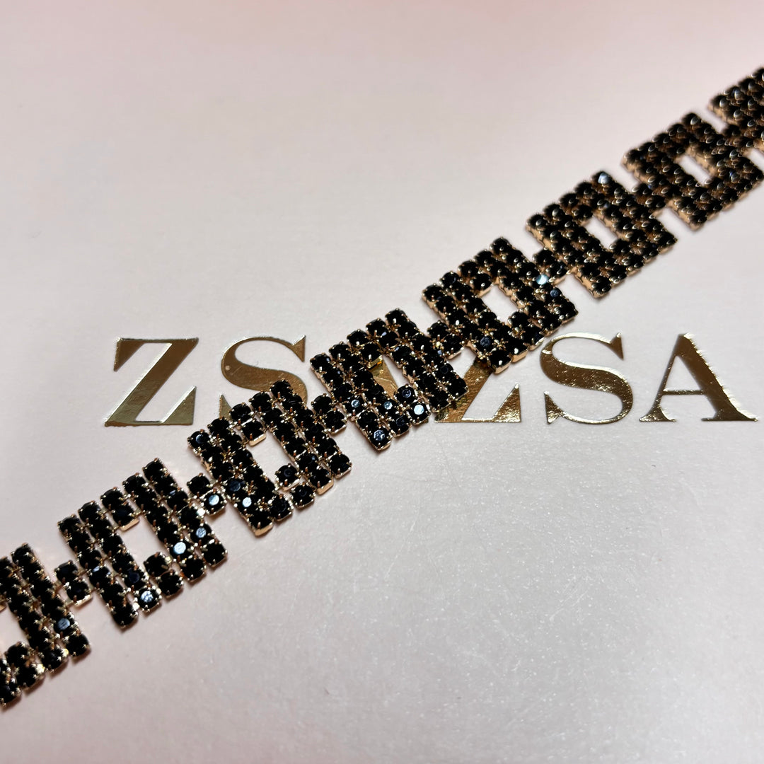 Black rhinestone squeares gold bracelet