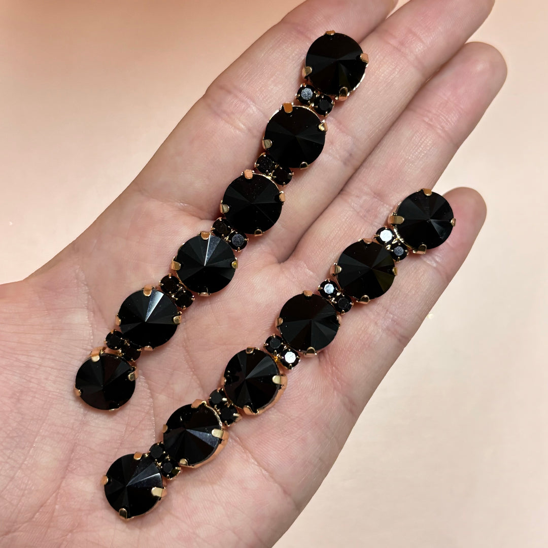 Long black rhinestone gold earrings