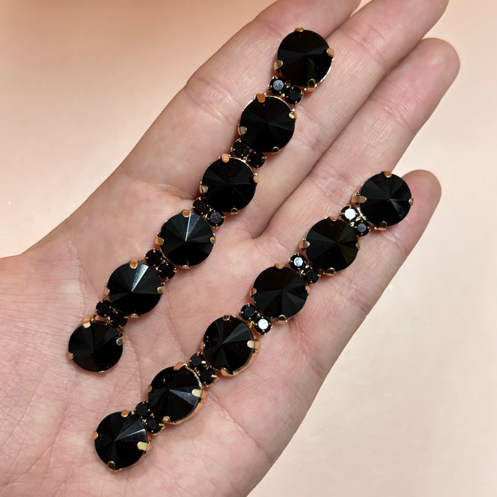 Long black rhinestone gold earrings