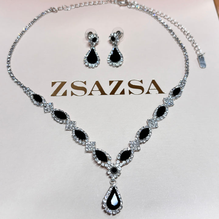 Teardop and marquise black rhinestone silver set
