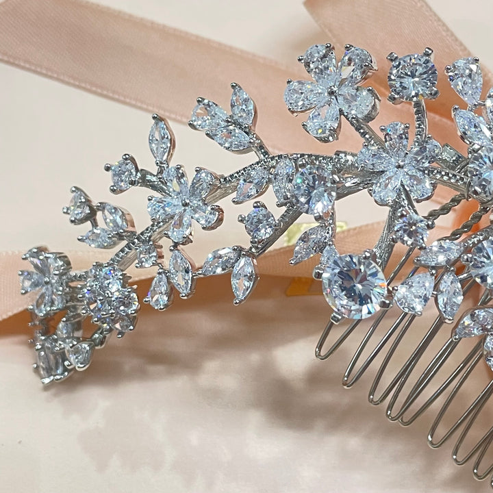 3-D silver long statement cubic zirconia comb