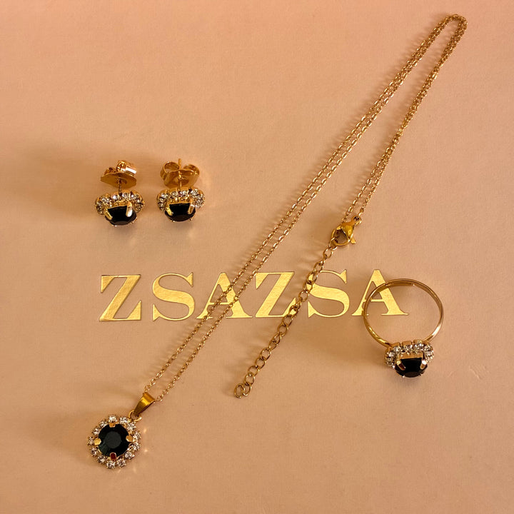 Dainty Black Preciosa crystals gold plated set