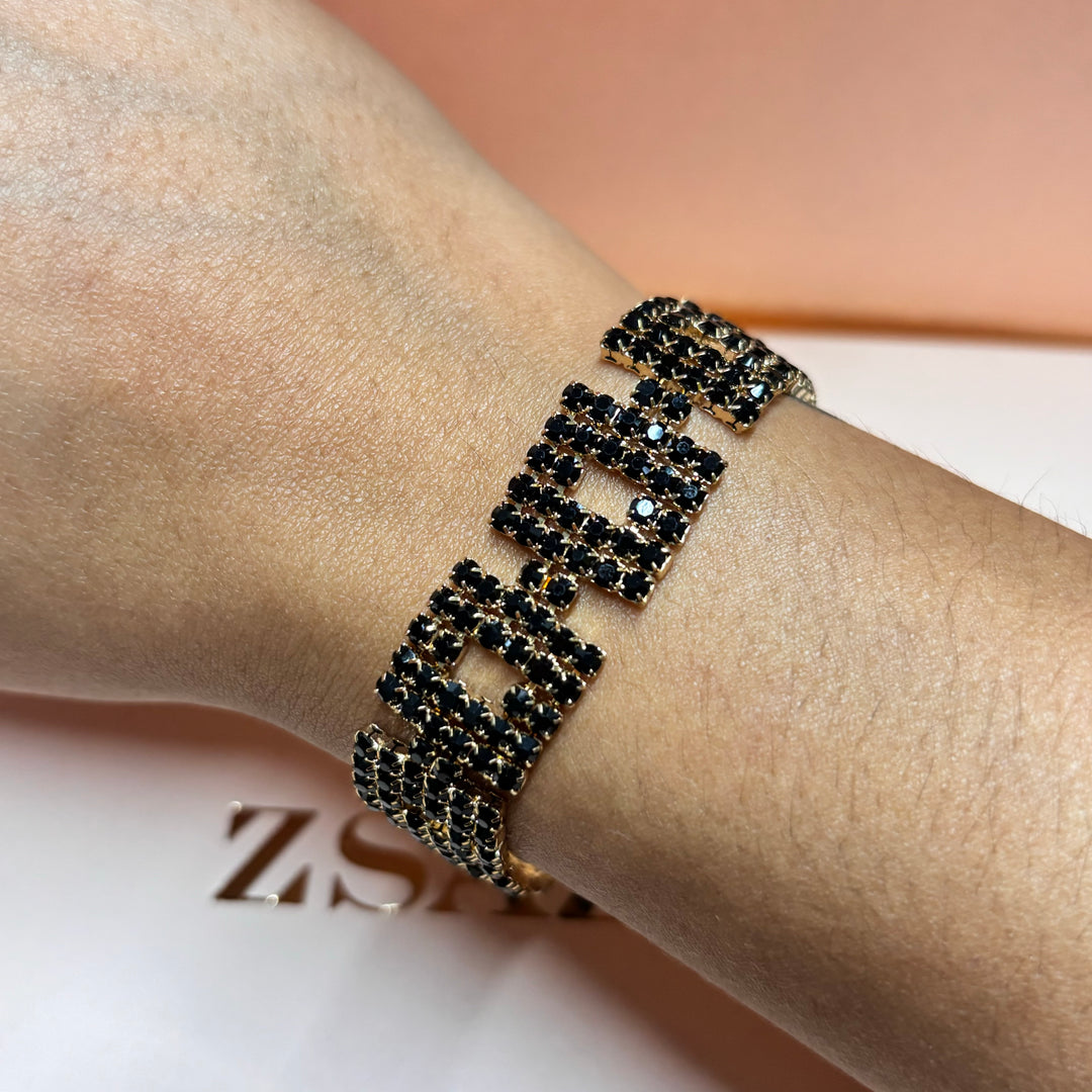 Black rhinestone squeares gold bracelet
