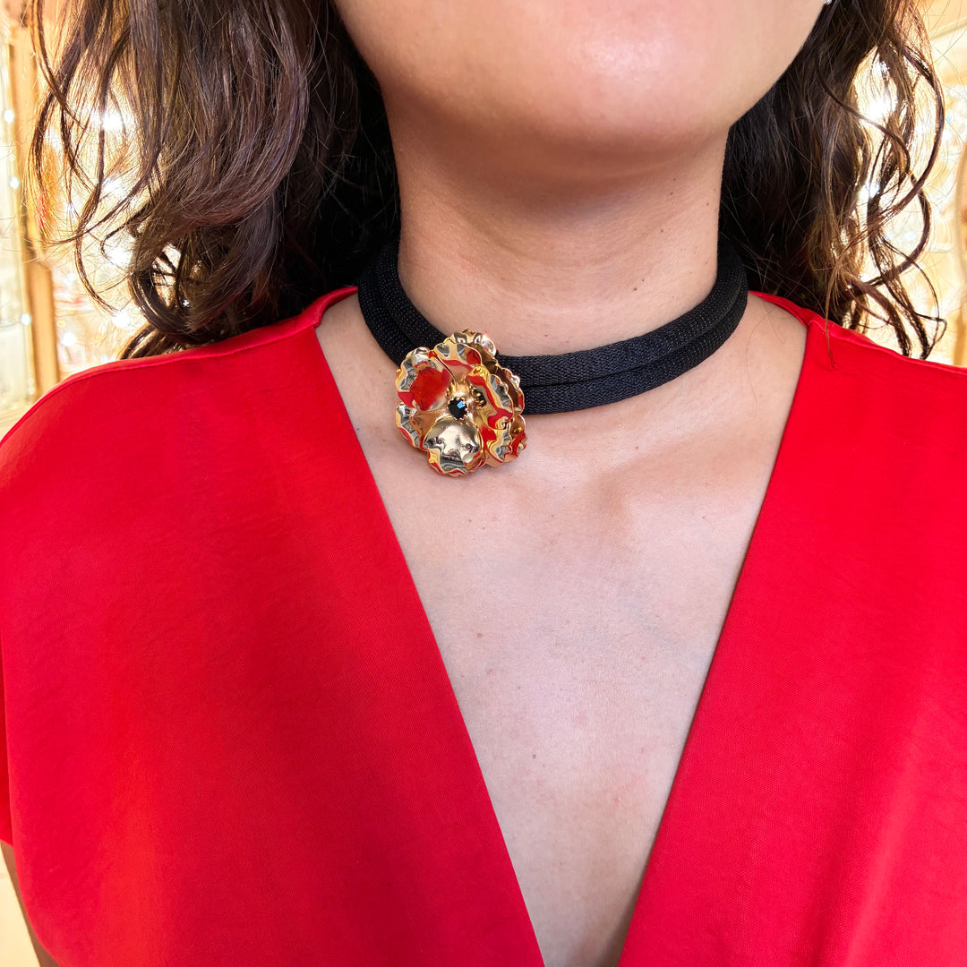 Black silk cord necklace with Flower Preciosa crystals