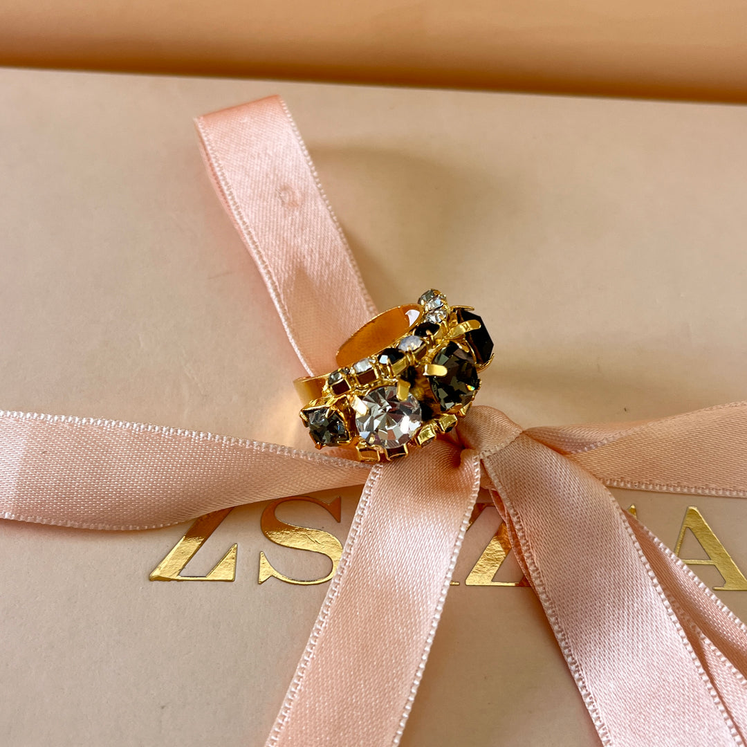 Grey and black preciosa crystals open band gold plated ring