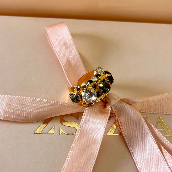 Grey and black preciosa crystals open band gold plated ring