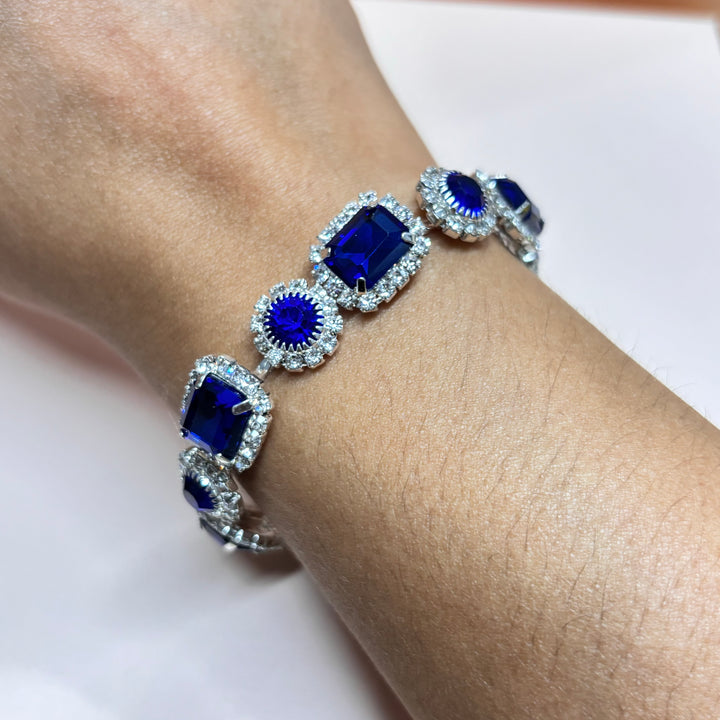 Royal blue multistone rhinestone white gold plated bracelet