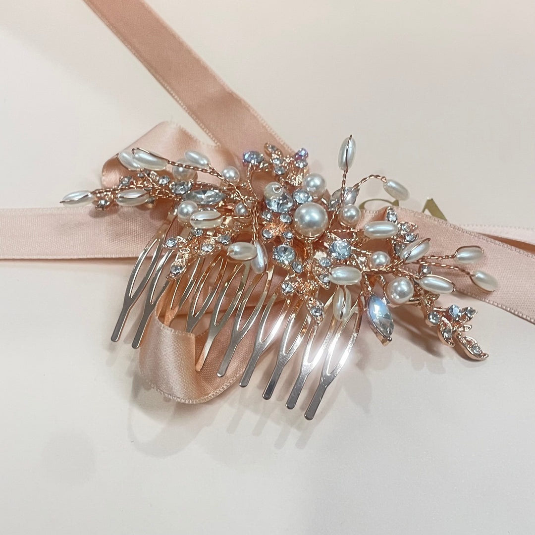 Rose gold Pearl Rhinestone Pave Vine Hair Comb