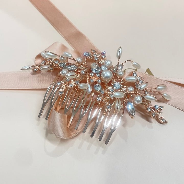 Rose gold Pearl Rhinestone Pave Vine Hair Comb