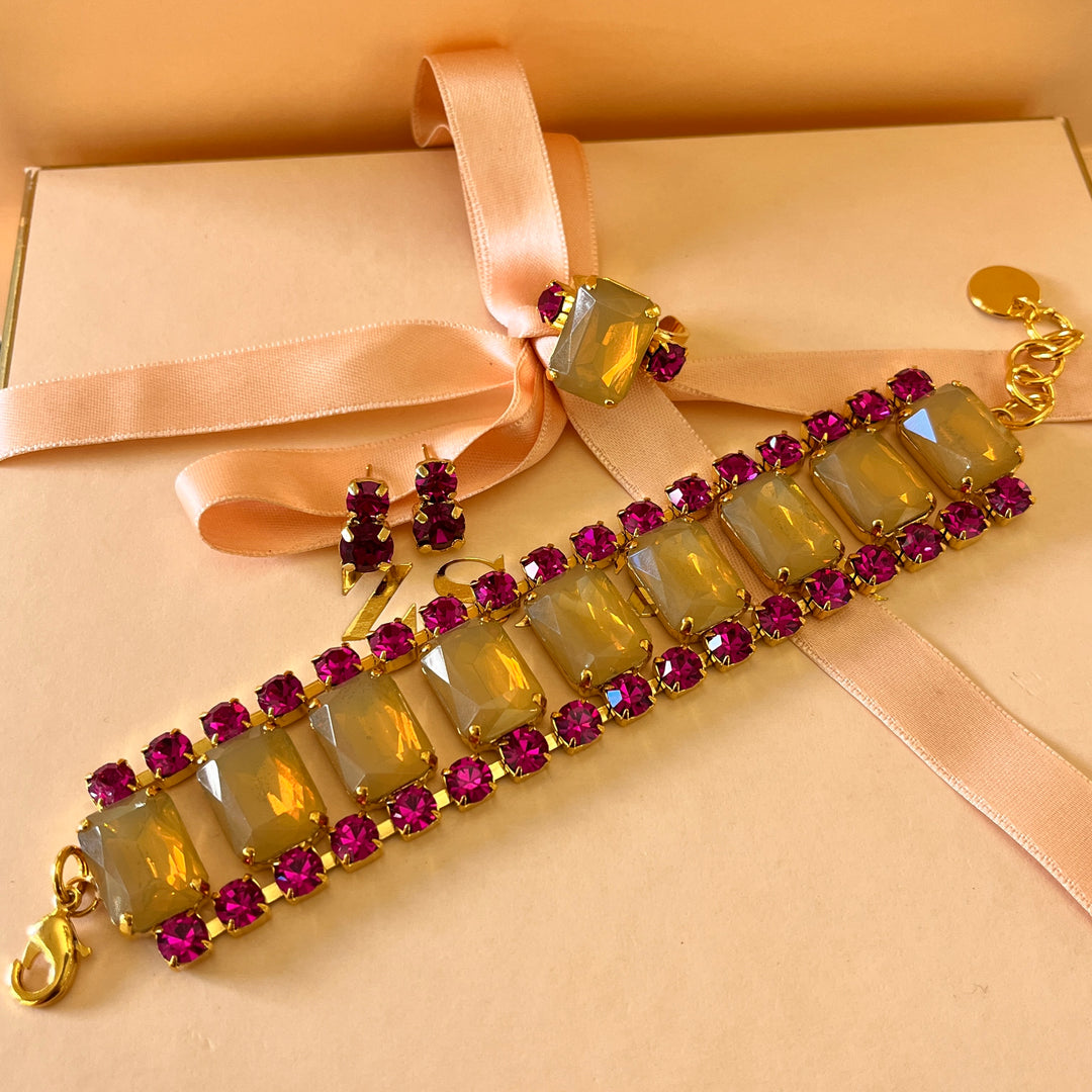 Fuchsia and yellow Swarovski crystals earrings and bracelet