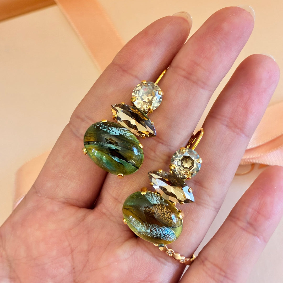 Bronze Hook Earrings with Swarovski Crystals & Iridescent Stone