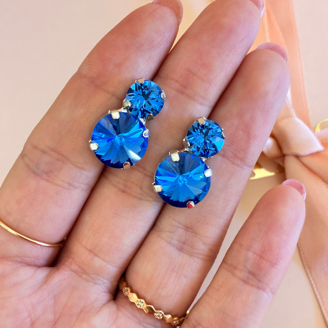 Double round royal blue silver earrings