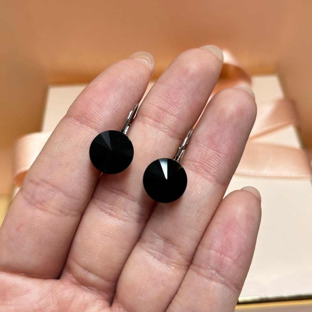 Black rhinestone silver hoops