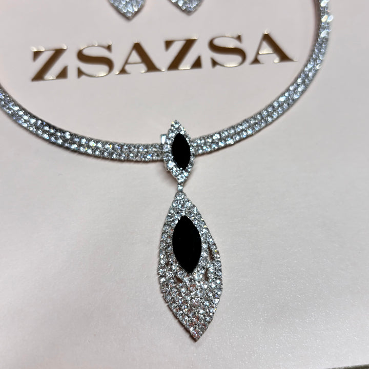 Marquise black rhinestone silver set