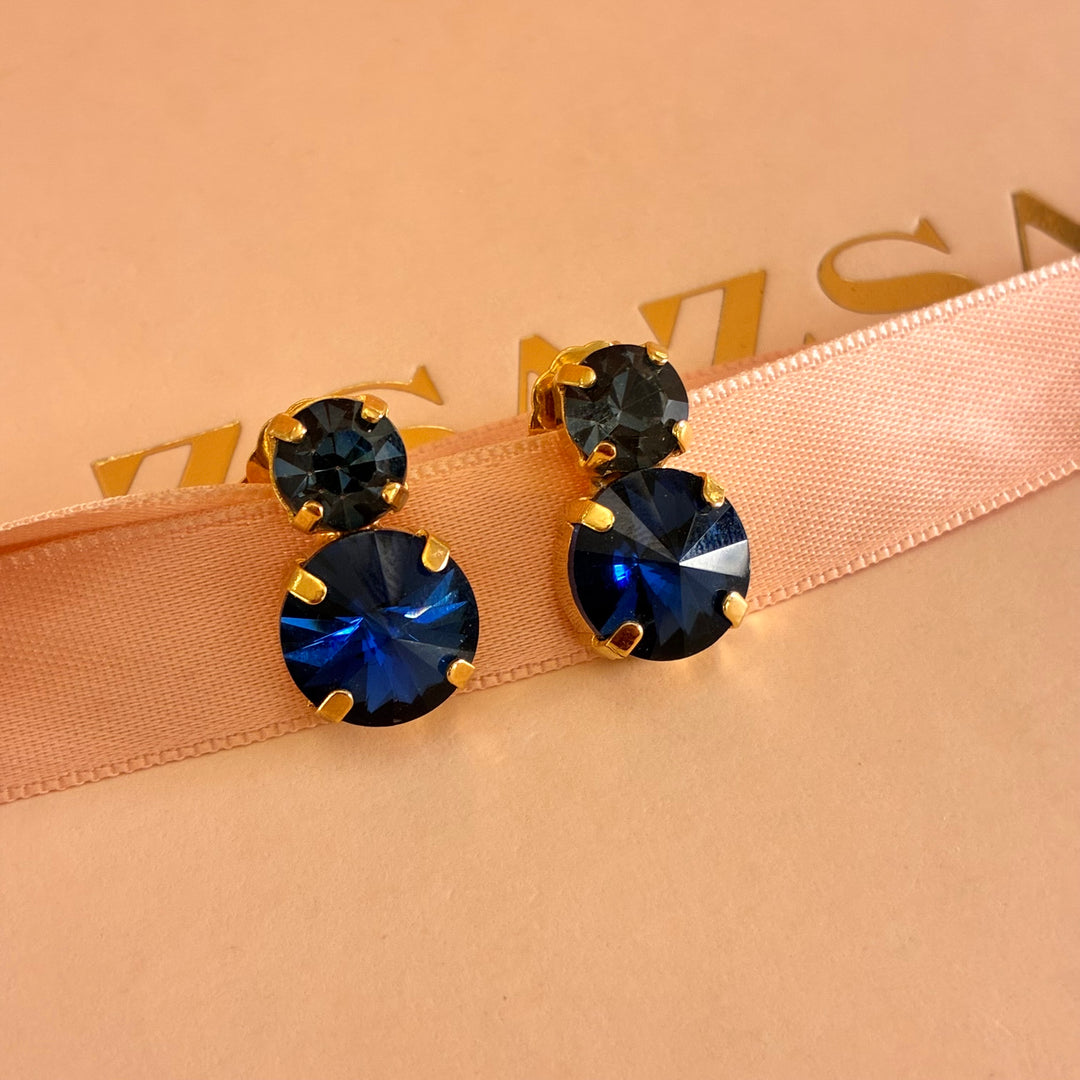 Double round navy blue gold plated earrings