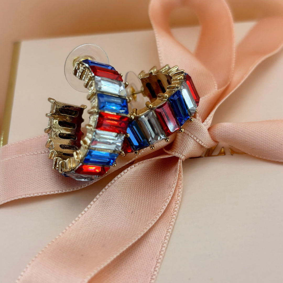 White rhinestone baguette gold plated hoops