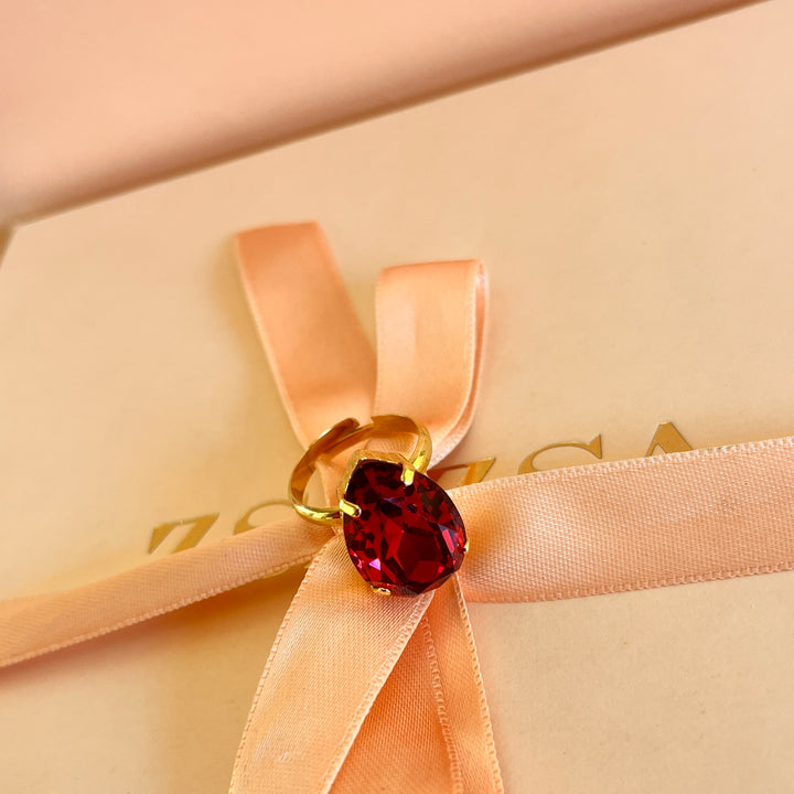 Red teardrop preciosa crystal ring