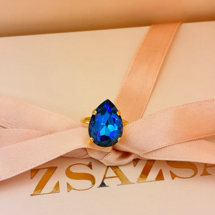 Teardrop royal blue Preciosa crystals gold plated ring