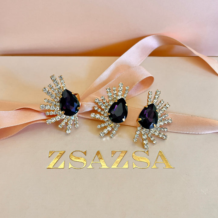 Purple rectangular preciosa crystals studs and ring