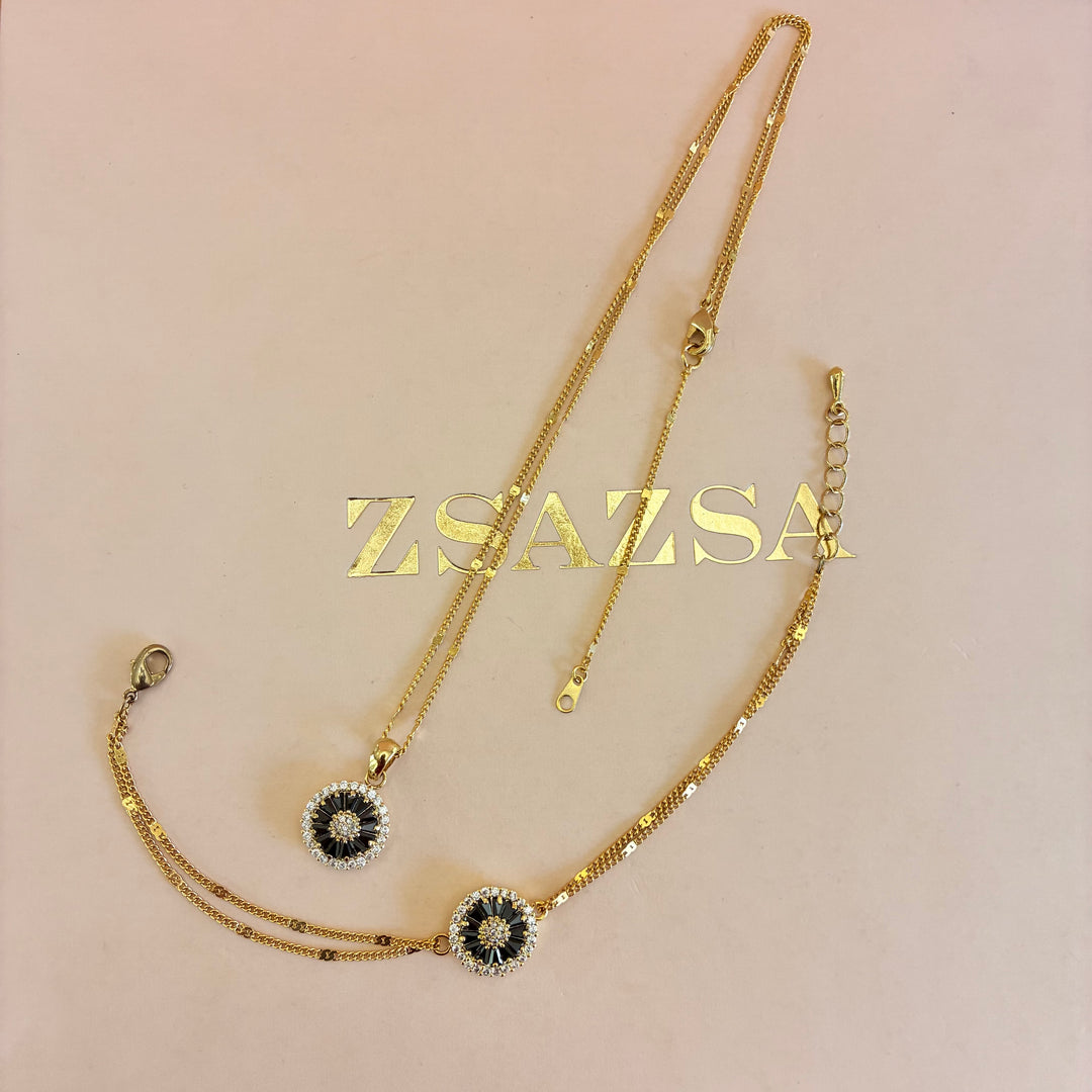 Black dainty gold plated pendant and bracelet