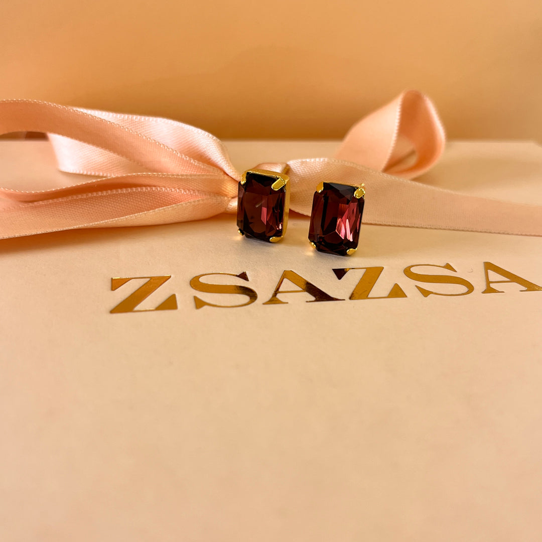 Purple rectangular preciosa crystals studs and ring