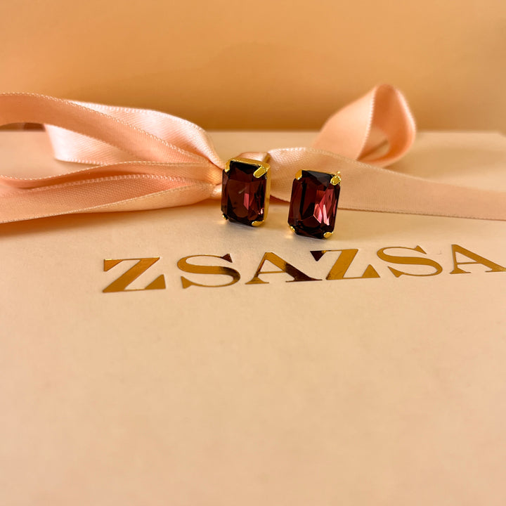 Purple rectangular preciosa crystals studs and ring