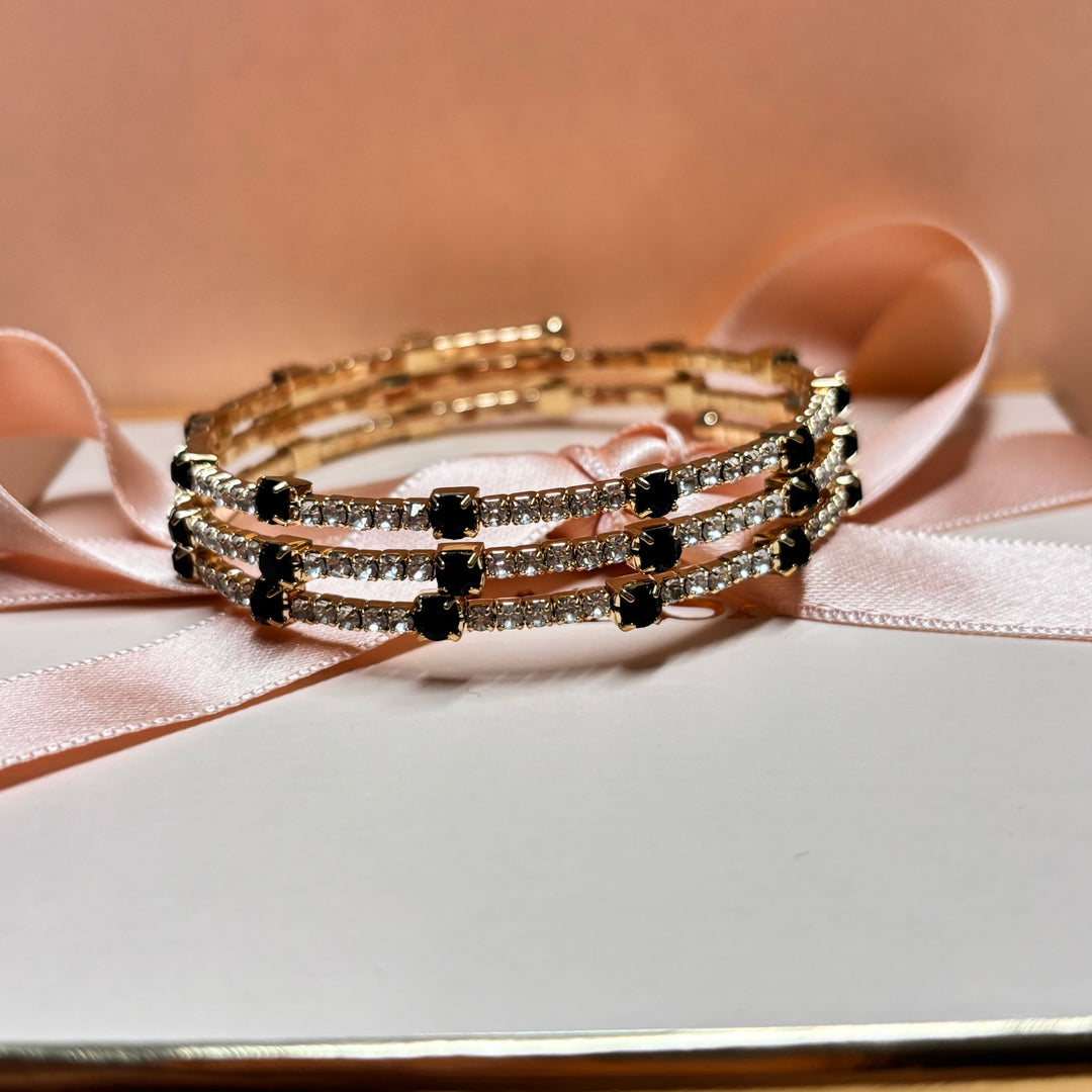 3 rows black rhinestone gold bangle