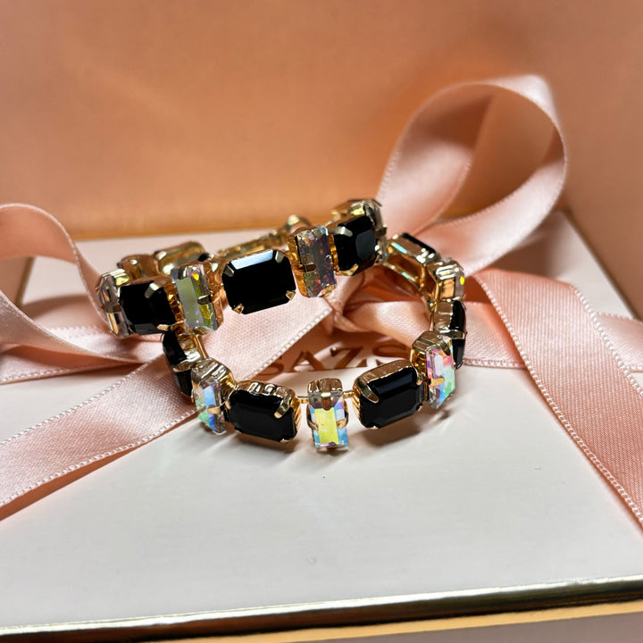 Black and aruora borealis rhinestone gold hoops