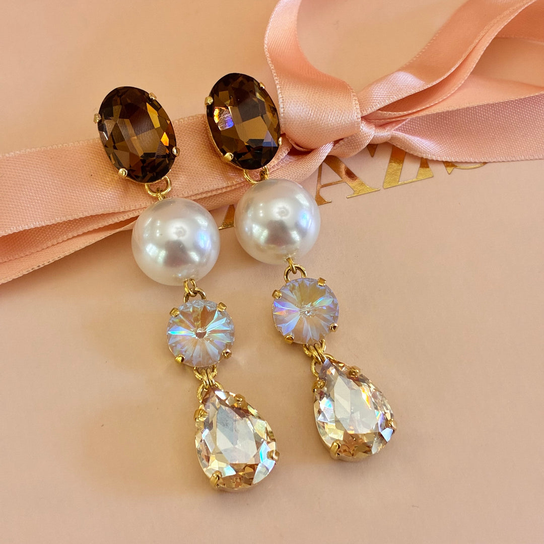 Mix of colour and pearl long Swarovski crystals earrings