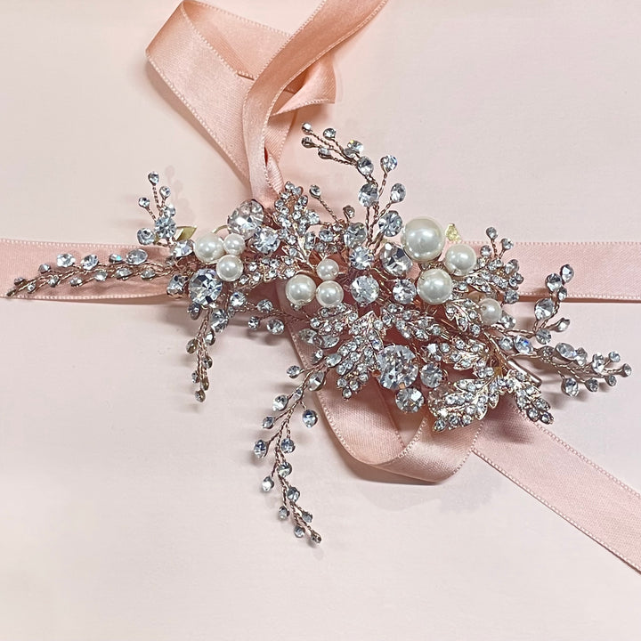 Rose gold leaves and pearls comb