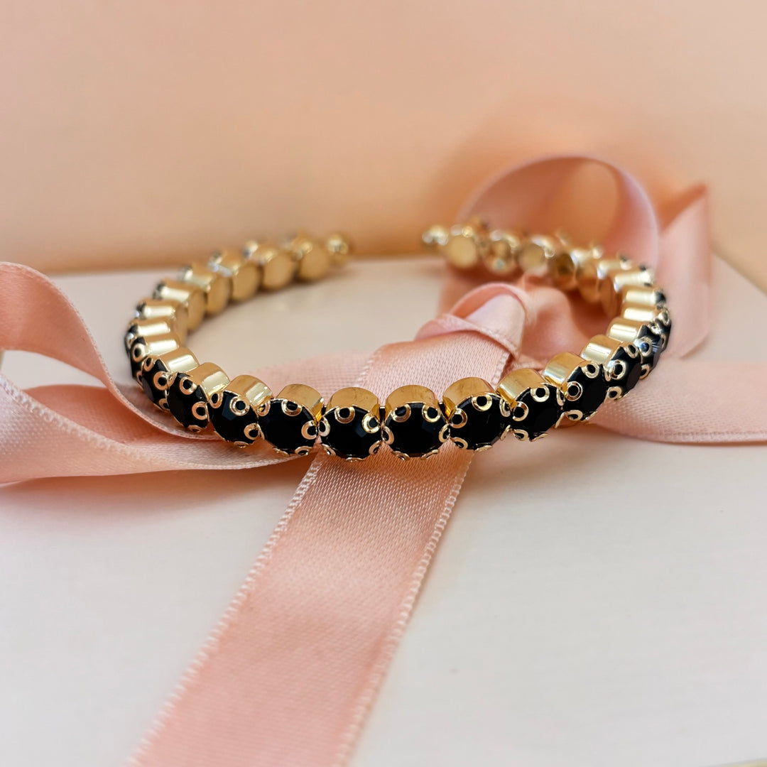 Black rhinestone gold plated bangle