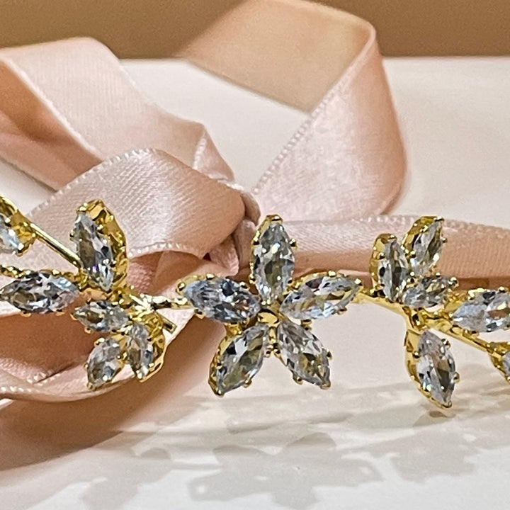 Gold cubic Zircone flowers and leaves headpiece