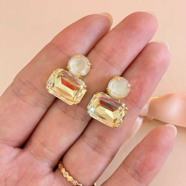 Champagne round with rectangular Swarovski crystals earrings