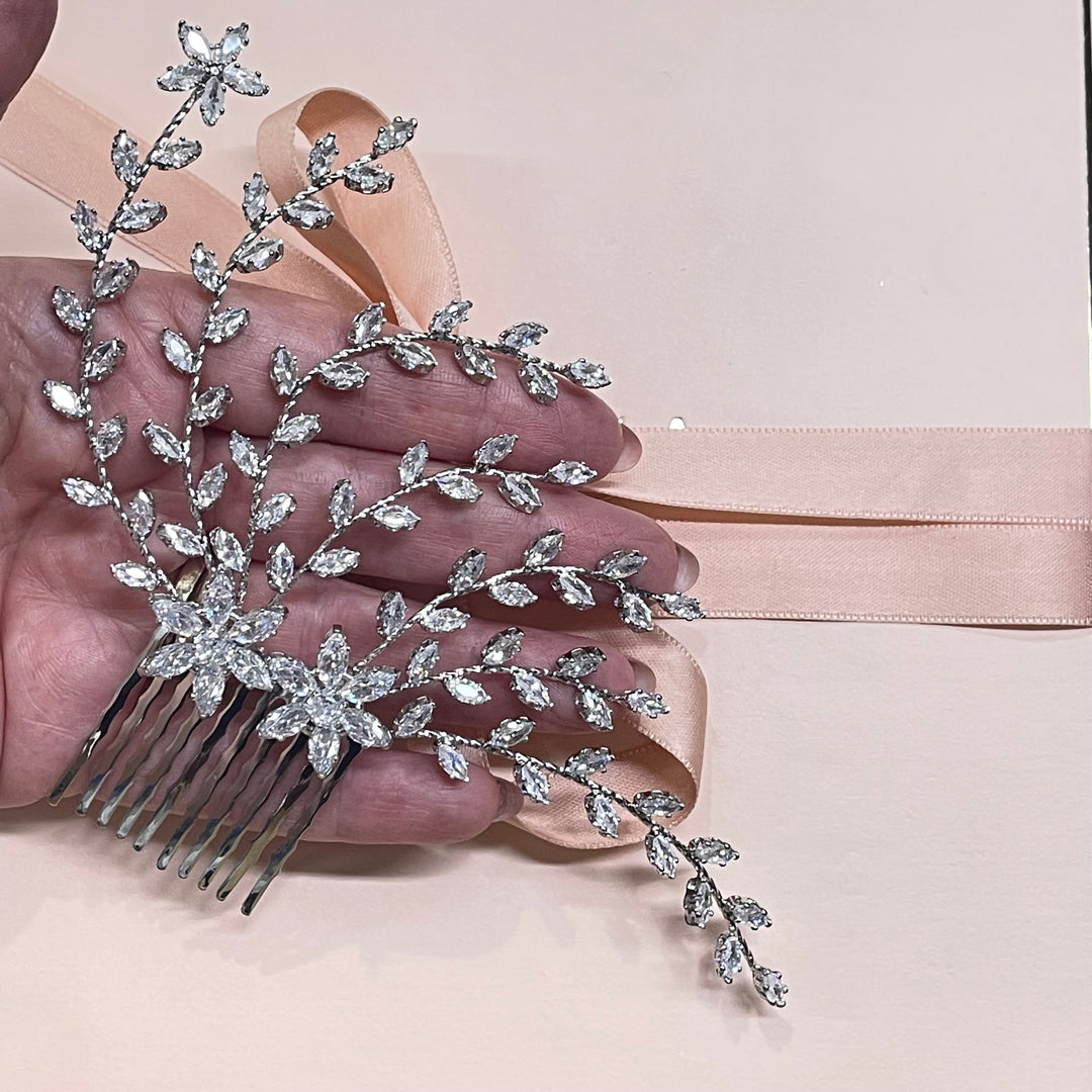 Silver Large flower detail cubic zircone hair comb
