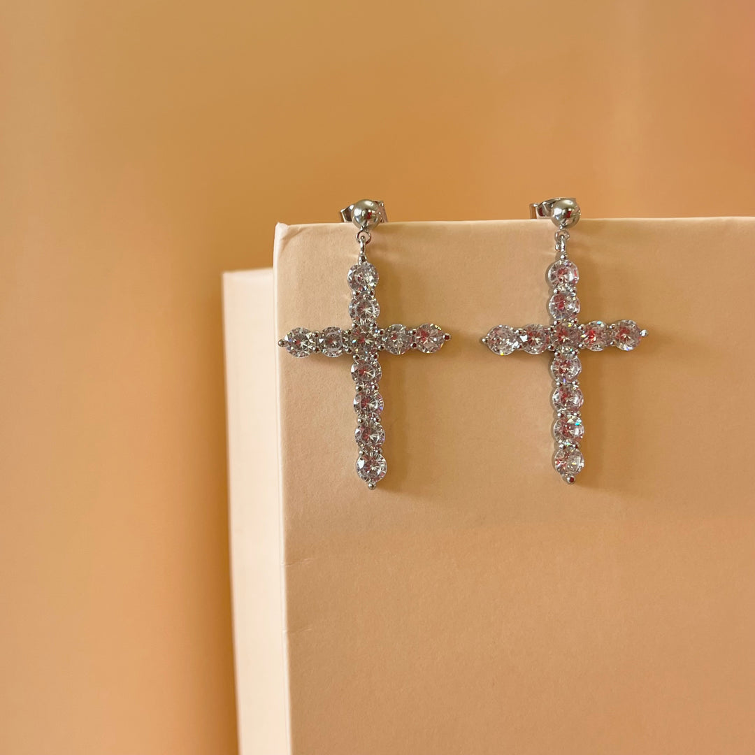Silver zircone cross earrings
