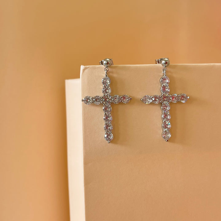Silver zircone cross earrings