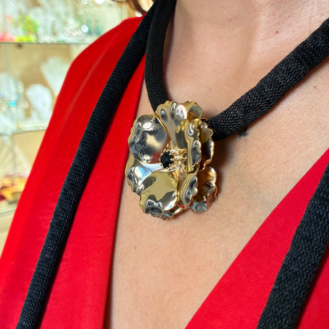 Black silk cord necklace with Flower Preciosa crystals