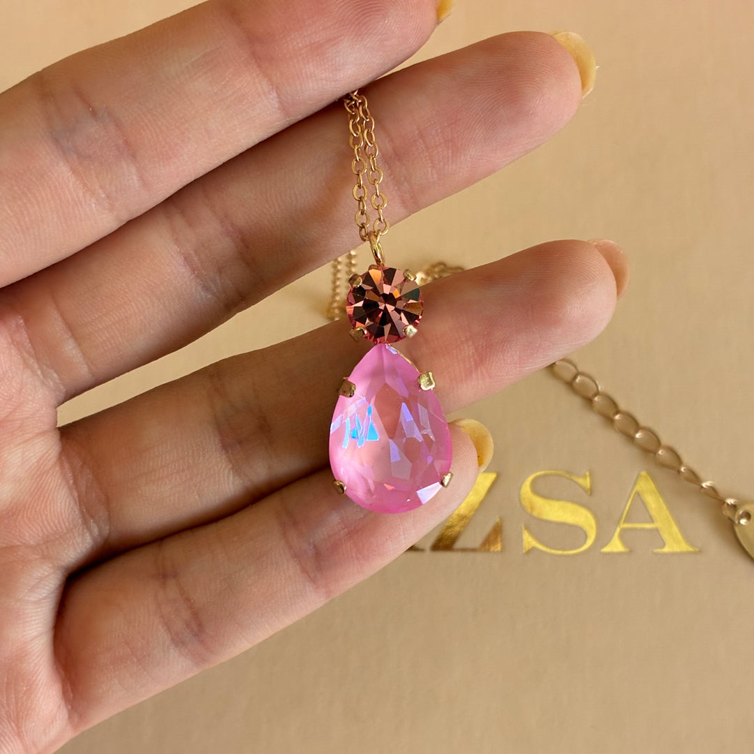 Handmade teardrop Pink Swarovski crystals rose gold set