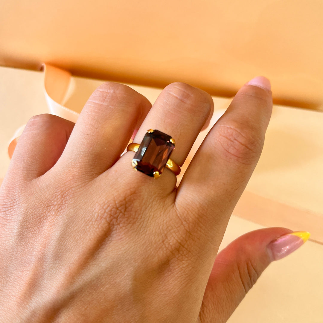 Purple rectangular preciosa crystals studs and ring